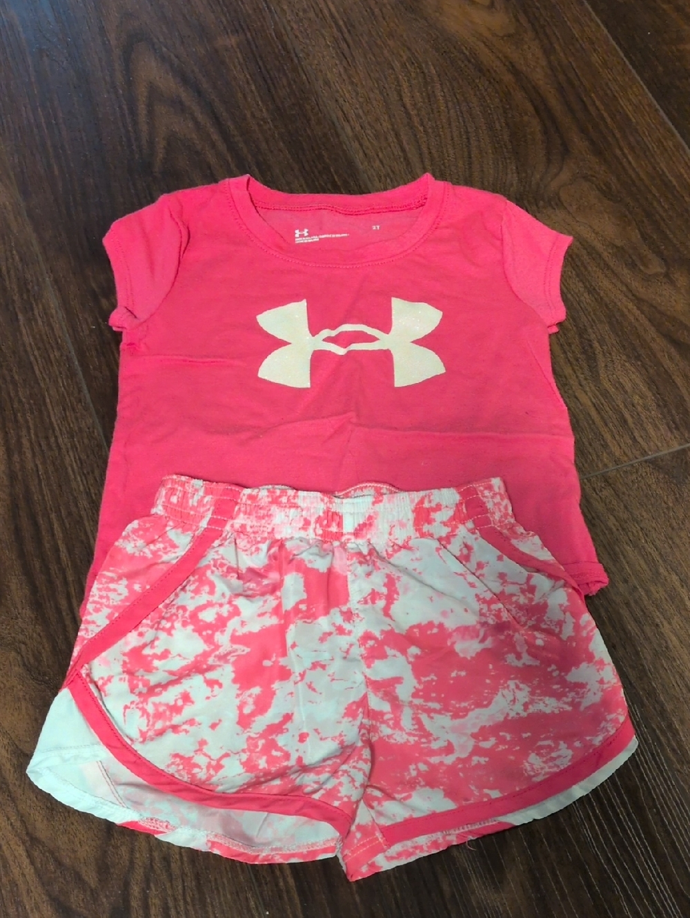 Under Armour Girls Hot Pink Tee with Pink & White Tie-Dye Shorts